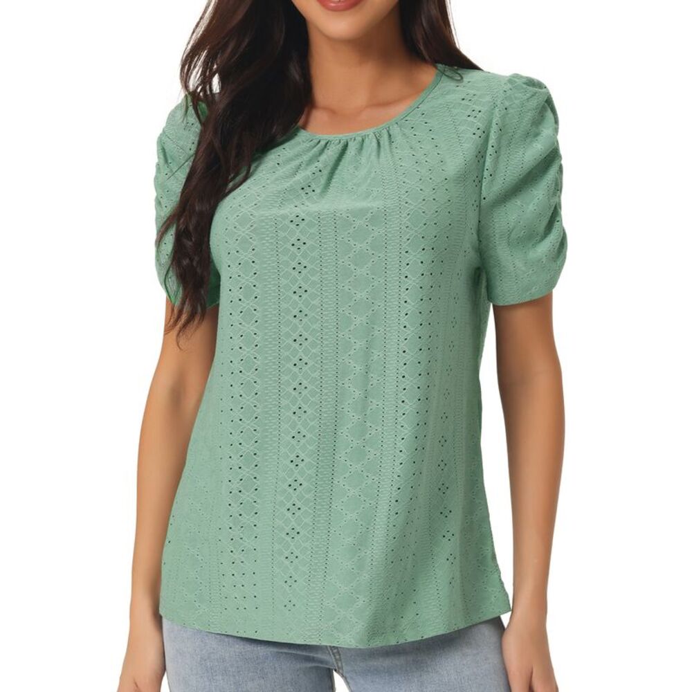 Ruched Short Sleeve Eyelet Tops Dressy Crewneck Blouses Summer T Shirts Green